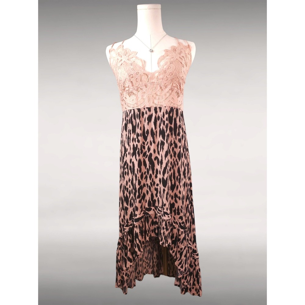 Indie Sleek Cheetah Leopard Print High Low Dress Crochet Lace Bodice Womens M